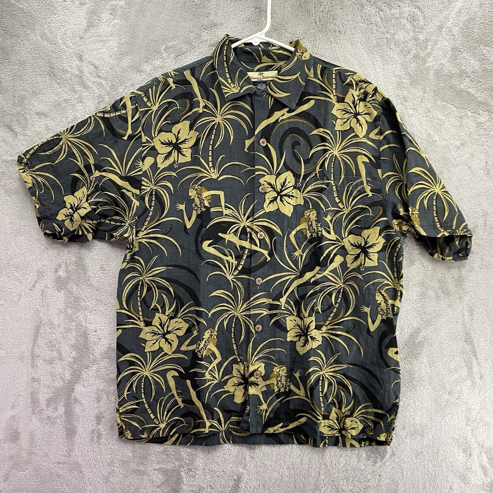 Tommy Bahama Silk Linen Camp Shirt Mens S Hula Girl Floral Print Black Hawaiian
